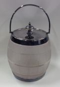 A silver plated etched glass biscuit barrel. Est.