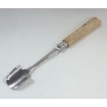 A silver cheese scoop with tapering handle. Sheffi