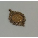 A 1908 sovereign mounted as a pendant. Approx. 13.