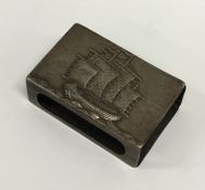 A Chinese silver match case mounted with a ship. A