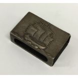 A Chinese silver match case mounted with a ship. A