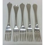 Five Dutch silver dog nose forks. Approx. 272 grams. Est