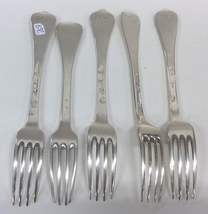 Five Dutch silver dog nose forks. Approx. 272 grams. Est - Image 2 of 2