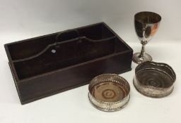 An old cutlery tray together with a plated goblet