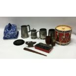 A selection of old pewter mugs, dominoes, cheese d