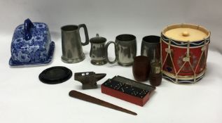 A selection of old pewter mugs, dominoes, cheese d