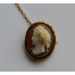 A small gold mounted shell cameo of a lady. Approx