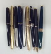 Nine various Parker and other fountain pens. Est.