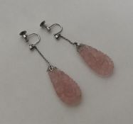 A pair of attractive Chinese rose quartz drop earr