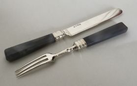 CHINA TRADE: A silver and agate knife and fork wit