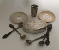 A bag containing silver spoons, jewellery box etc.