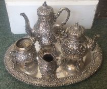 A heavy Continental silver five piece tea and coffee service on tray