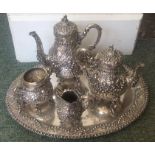 A heavy Continental silver five piece tea and coffee service on tray