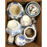 A box containing blue and white Delft pottery vase