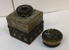 An onyx and cloisonné square inkwell decorated in