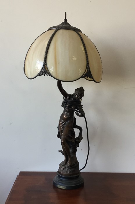 A tall spelter lamp in the form of a lady with flo