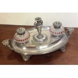 A good quality oval inkstand with cranberry glass