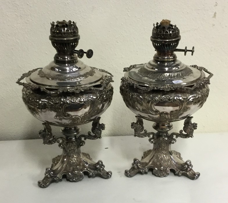 An unusual pair of good silver plated oil lamps wi - Image 2 of 2