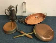 A pewter coffee jug together with a copper pan etc