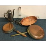 A pewter coffee jug together with a copper pan etc