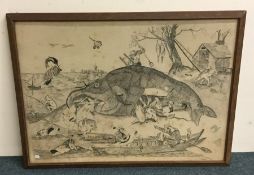 An unusual framed and glazed ink drawing depicting