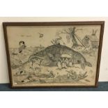 An unusual framed and glazed ink drawing depicting