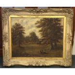 A large framed oil painting depicting trees with s