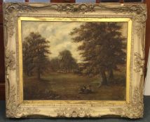 A large framed oil painting depicting trees with s