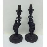 A pair of bronze candlesticks in the form of Japan