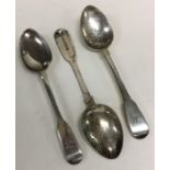A group of three silver fiddle pattern spoons. Var