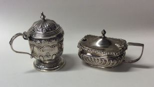 Two silver mustard pots with hinged lids. Approx.