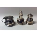 A silver three piece cruet set. Birmingham. Approx