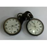 Two gun metal pocket watches with white enamelled