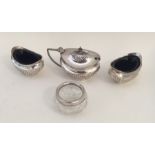 A silver three piece cruet set with BGLs. Approx.