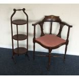 An inlaid corner chiar together with a cake stand.