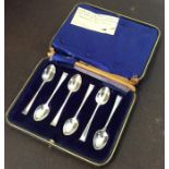 A cased set of six silver coffee spoons. Approx. 3