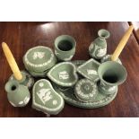 A Wedgwood Jasper ware dressing table set in green