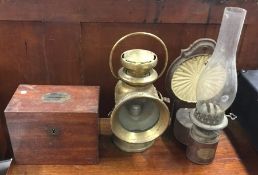 A small mahogany cased donation box together with