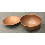 An old copper mixing bowl with brass handles etc.