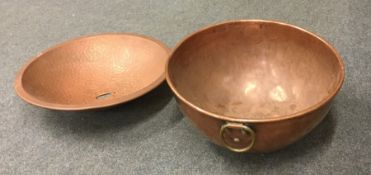 An old copper mixing bowl with brass handles etc.