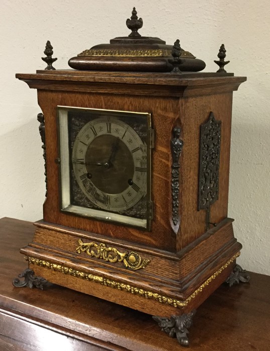 A large oak cased bracket clock with silvered dial - Image 2 of 2