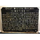An old cast iron Great Western Railway warning not