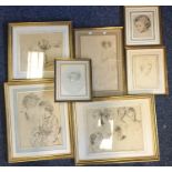 A selection of seven various framed and glazed pen
