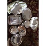 A box containing silver plated entrée dishes. Est.