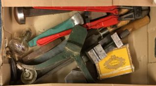A box containing clamps and bolt croppers.