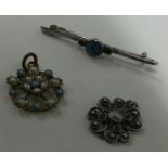 A silver and turquoise brooch together with two pe