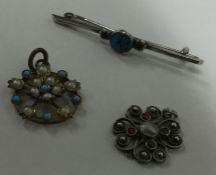 A silver and turquoise brooch together with two pe