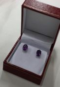 A pair of amethyst ear studs contained within a bo