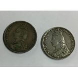 Two 1890 silver Crowns. Approx. 56 grams. Est. £25
