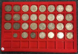 A tray containing Half Crowns and other silver and